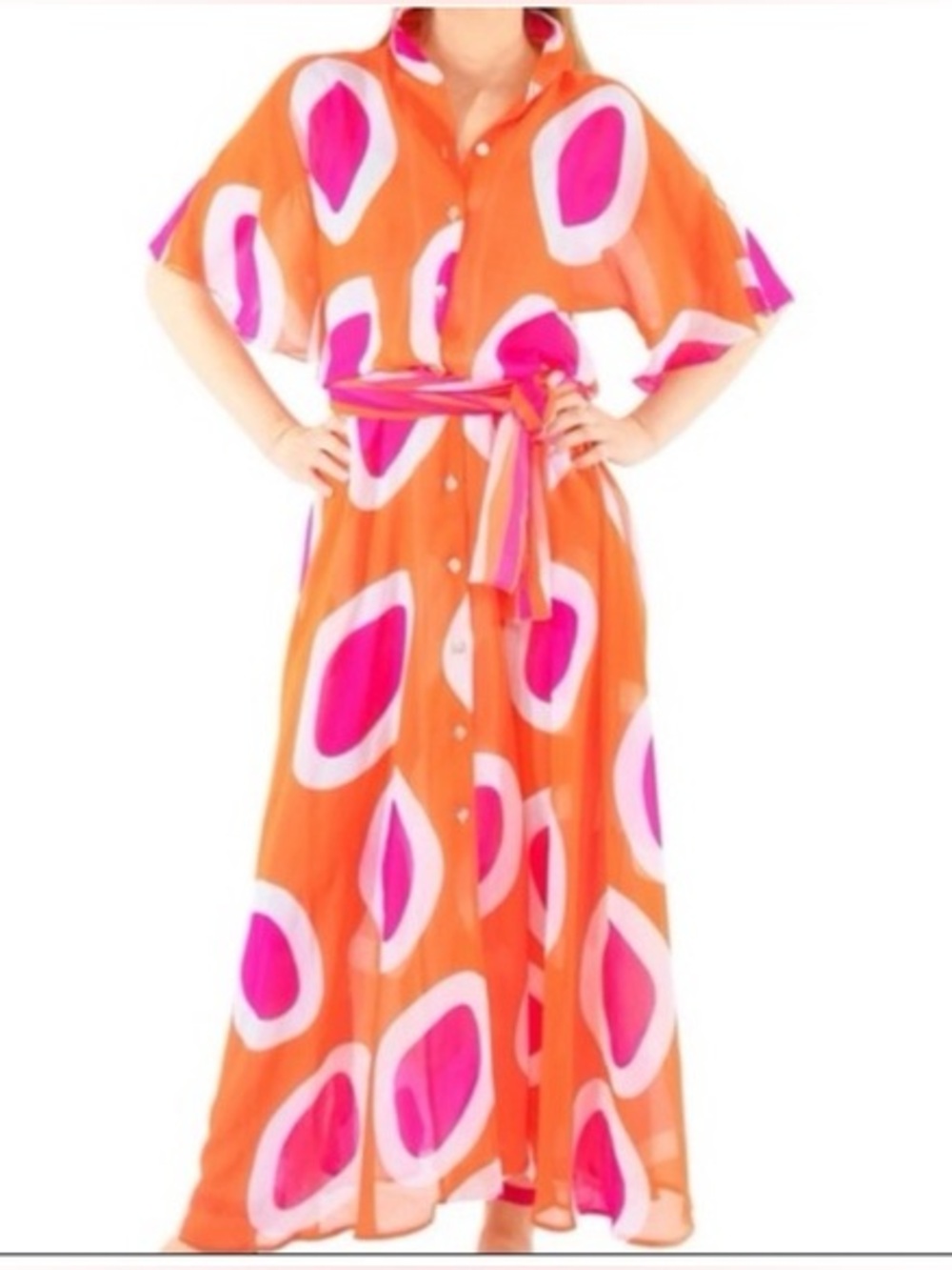 Gretchen Scott Panache maxi orange pink geometric print button front design